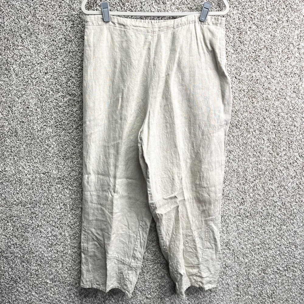 FLAX Pants Women's Medium Tan 100% Linen Elastic Waist Seam Detail Pull-On Crop